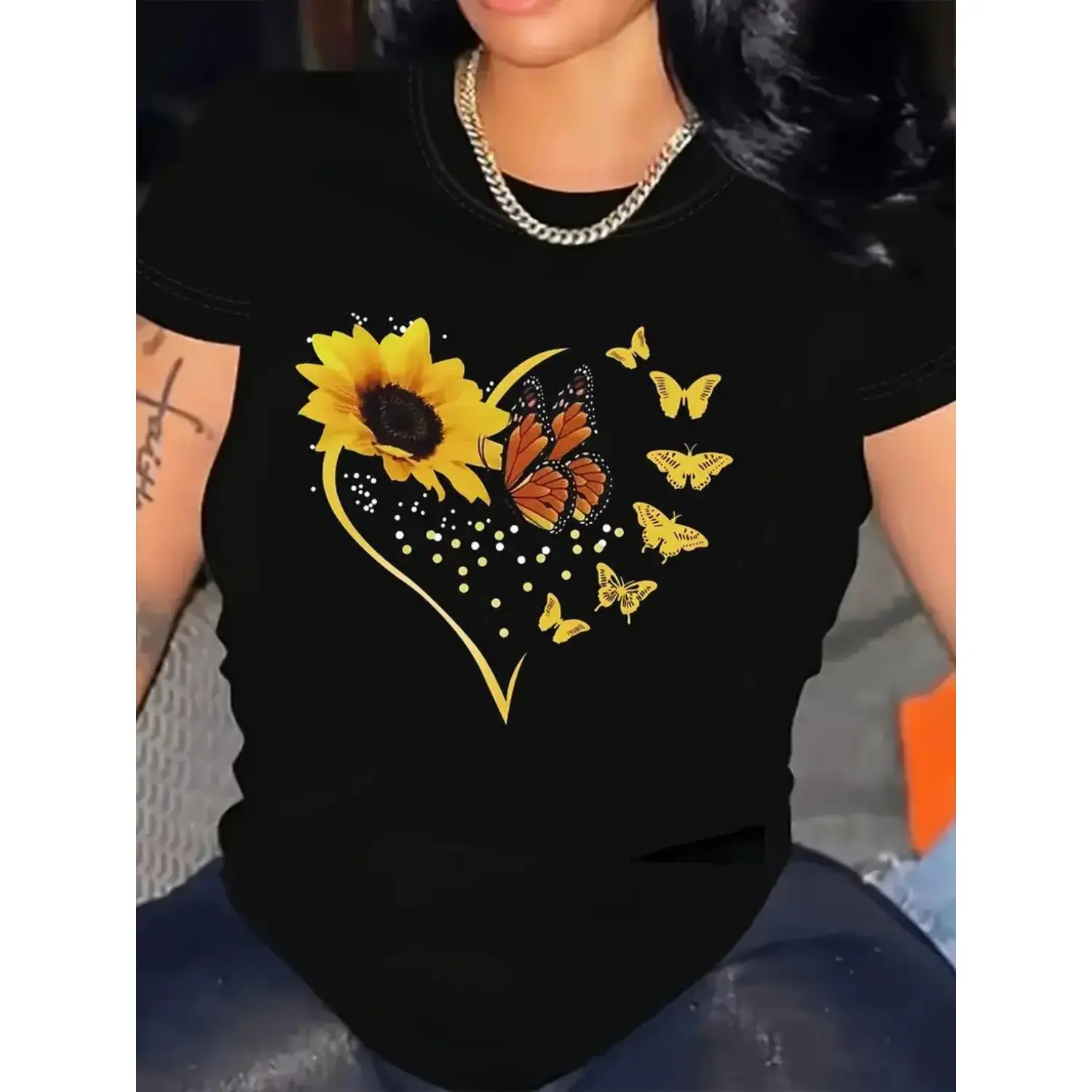 Men's 100% Cotton Casual Round Neck Short-Sleeve Top, Vibrant Sunflower, Butterflies, and Playful Floral Design (Also Suitable for Women)