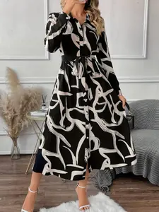 Women's Abstract Line Shirt Dress, Long Sleeve, Elegant Woven Fabric, Fitted Design, Waist Belt Detail, Casual Belted Slit, All Season Wear, Casual Wear, Womenswear, Lady