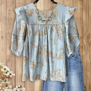 SageVell Boho Floral Blouse with Ruffled Shoulders, Puff Sleeves & Front Panel Design, Perfect for Weekend Outings