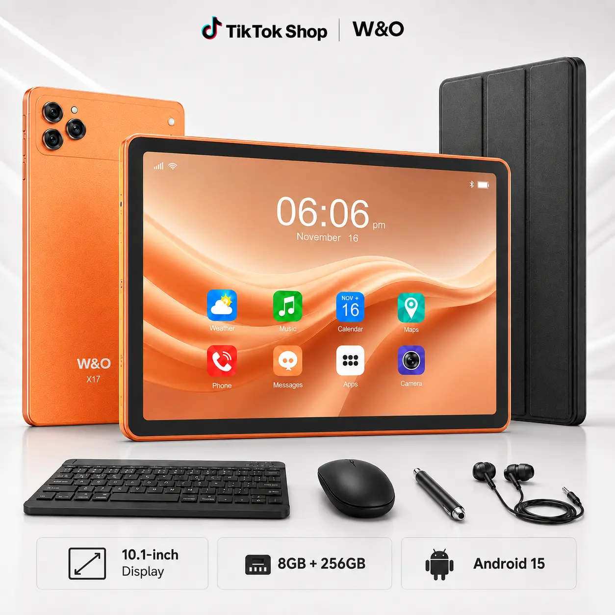 W&O 2026 11-in Android 15 Touchscreen Tablet (Android Handheld), Octa-Core 12GB RAM + 256GB Expandable Storage, 10000mAh Battery, 5G WiFi, Bluetooth, SIM Support, 20MP Dual Camera, Type-C, Keyboard+Mouse+Case+Stylus Included, Handheld PC Tablets for Work