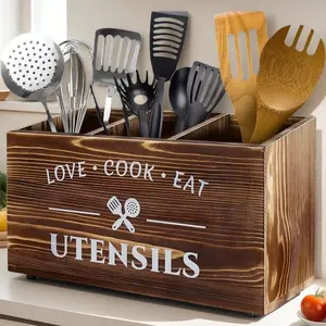 Brown Tableware Rack Country Ball Boy Tableware Jar with 3 Compartments Love Cook Eat Utensils Storage Box for Kitchen Counter Wooden Tableware Organizer