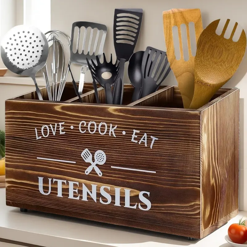 Brown Tableware Rack Country Ball Boy Tableware Jar with 3 Compartments Love Cook Eat Utensils Storage Box for Kitchen Counter Wooden Tableware Organizer