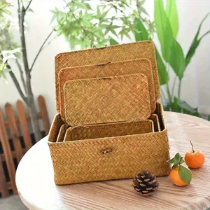 Handmade Vintage Storage Basket Set, Cover Included, Desktop Organizer Box, Farmhouse Style Decorative Baskets for Home Wedding Festival Decor