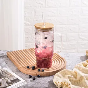 32oz Ribbed Glass Tumbler with Handle & Lid – Large Iced Coffee Cups with Straws, Modern Glass Mug for Cold & Hot Beverages, Reusable Travel Cup for Smoothies, Tea, and Juice