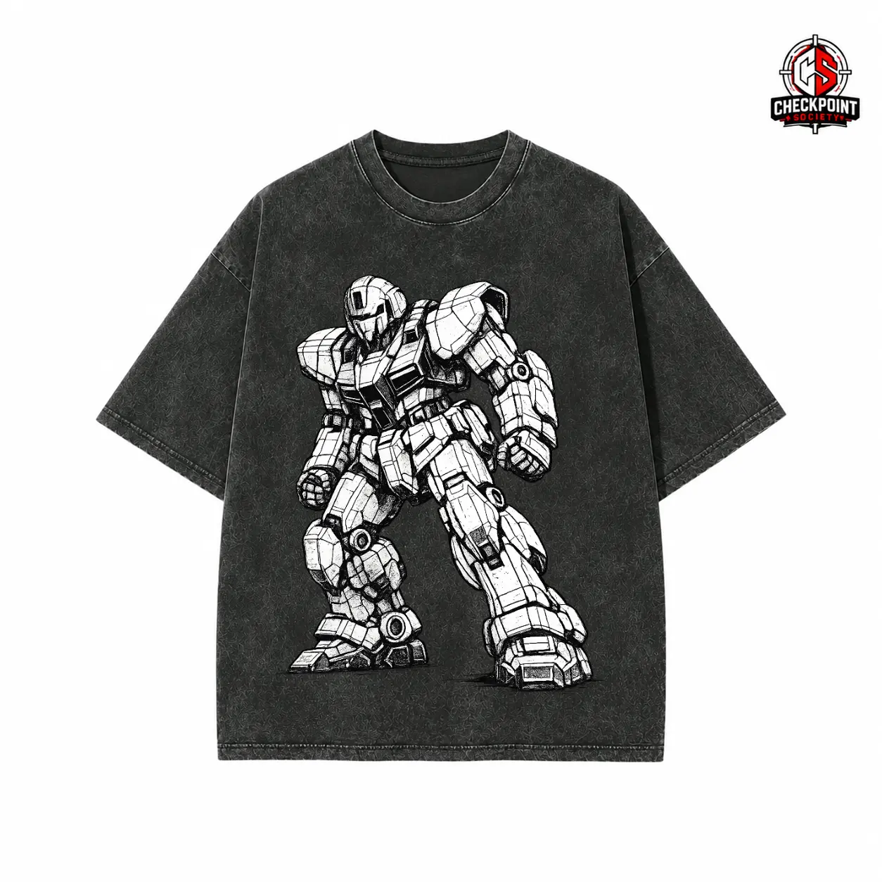Distressed Washed Black T-Shirt with Classic Black & White Mecha Robot Graphic, Standing Warrior Pose, Retro Sci-Fi Design, Casual Streetwear for Men, Robot Theme Daily Wear