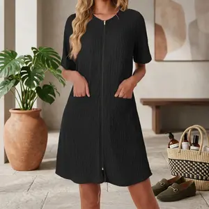 Women's Lightweight Knit Short Bathrobe - Zipper, Pockets, Soft Basic Loungewear Nightwear House Coat, S-XXL Sizes, Ideal for Home Relaxing, Spa Use