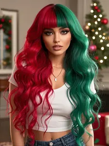 Christmas Red and Green Long Curly Wavy Loose Wave Wig with Layered Bangs Colorful Cosplay Wig 26-Inch Y2K Synthetic Fiber Wig Women's Daily Party Costume Wig Realistic Natural Sexy Alluring Heat-Resistant Wig Wavy Synthetic Hairpiece