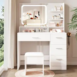 WeCharmer Vanity Desk Set with Smart LED Mirror, Cushion Stool, Hairdryer Rack, Power Outlet, Drawers & Open Shelves – All-in-One Beauty Station