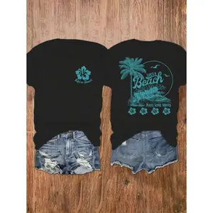 Lifes A Beach Palm Tree Wave Graphic Tee Women Beach Vacation Shirt Summer Casual Crewneck Short Sleeve Soft Lightweight Relaxed Fit