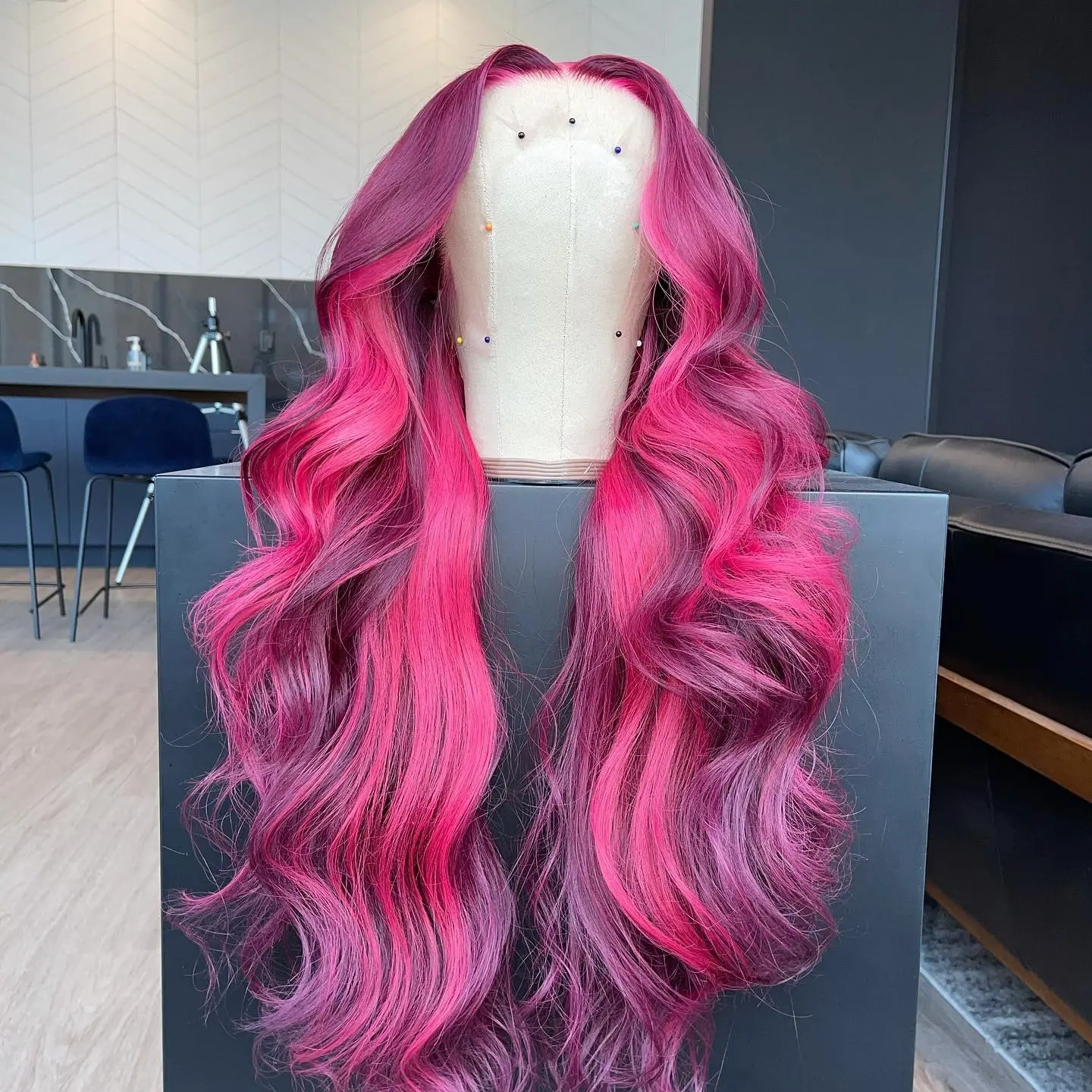 Aodbar hairs Pink and Burgundy Long Body Wavy Lace Frontal Wig Heat Resistant Fiber Hair 13*4 Transparent Lace Wig PinK Ombre Highlight Body Wave Wig for Daily Use or Party 28 In Glueless Lace Wigs Rose Quartz Wig