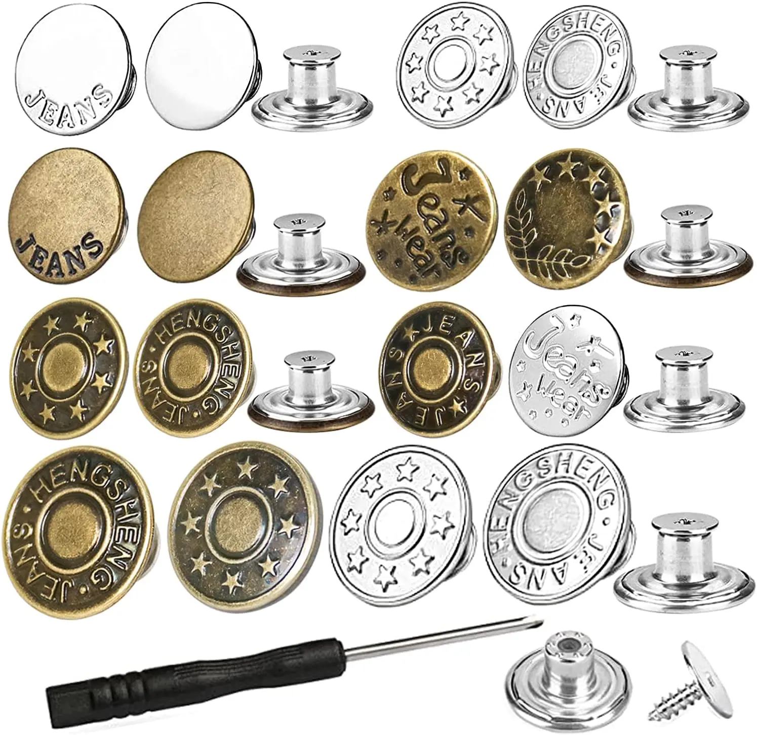 32 Sets Jeans Buttons Replacement, 17 mm and 20 mm No-Sew Removable Metal Buttons Replacement Repair Combo Thread Rivets and Screwdrivers in Storage Box, Women and Men's Jeans Clothing Supplies