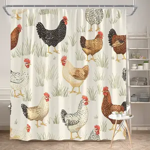 1Pc Rustic Farmhouse Chicken Shower Curtain Farm Themed Decor with Colorful Hens and Green Grass, Polyester Fabric Bathtub Partition Hanging Curtain Bathroom Decor 70.8x70.8 Inch with 12 Hooks