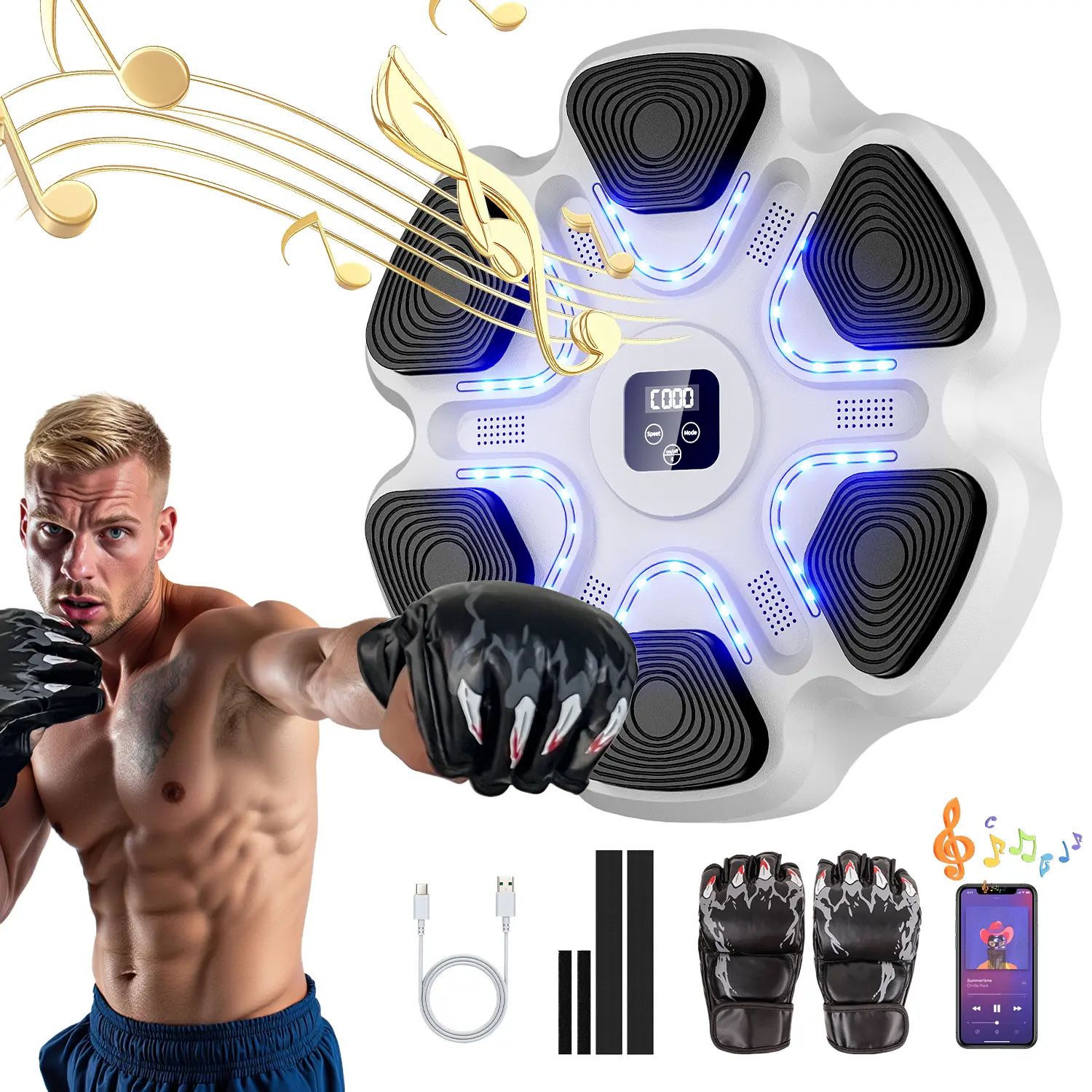 2025 New LED Lighting Bluetooth Smart Music Boxing Machine with Gloves & Protective Gear, Wall-Mount Home Gym for Training, Stress Relief Cardio, Father’s Day Gift Kids Exercise Equipment,summerwins