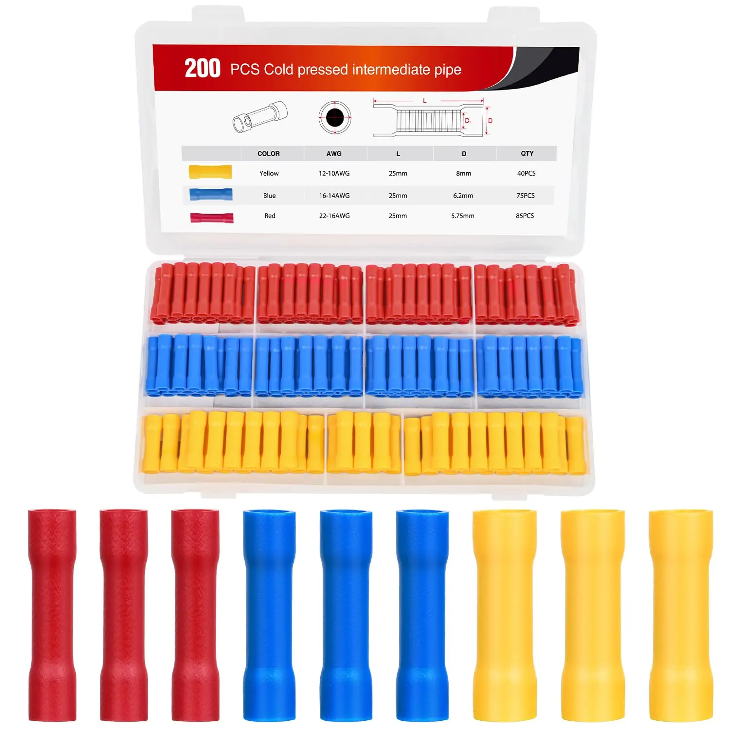 Nilight 200PCS Multi-Size Insulated Electrical Butt Connectors, AWG 22-10 Brass Oxidation-Resistant, VPC Housing, High Conductivity, Durable Reliable Wire Crimp Splice (Blue, Red, Yellow) for Automotive Car Wiring Repair