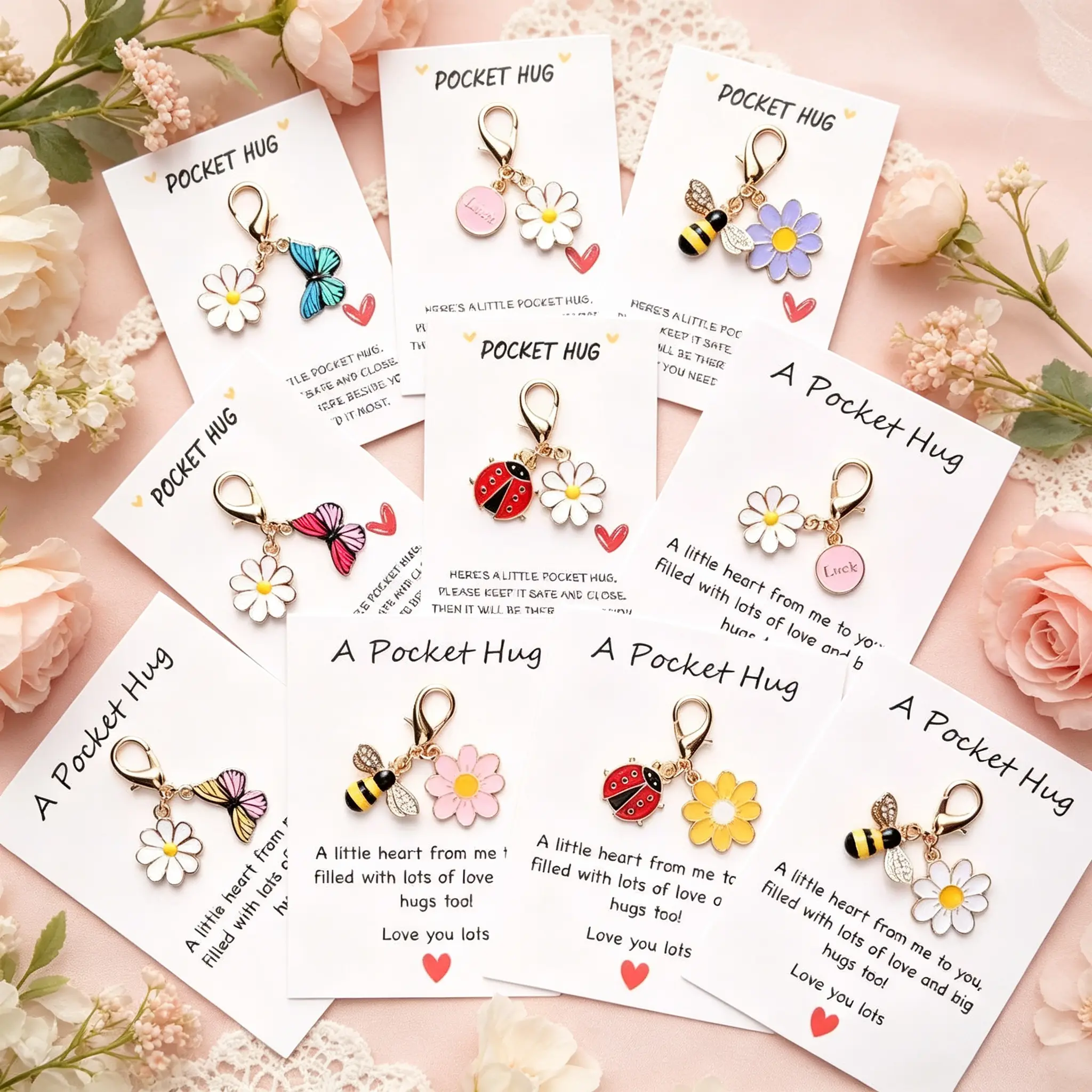 10Pcs Pocket Hug Keychain Gifts with Inspirational Blessing Cards - Cute Insect Flower Charms for Employee Appreciation & Party Favors-MM2