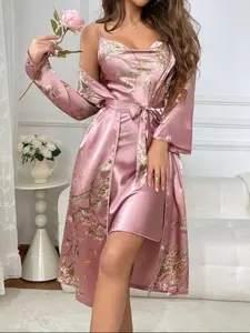 @Shopwithjulie Collection 2 Piece Set, Womenswear, Women's Fitted Casual Floral Print Pyjama Set, Cowl Neck Cami Nightdress & Belted Pj Robe, Fall Outfits, Women Sleepwear Loungewear Set, Long Sleeve