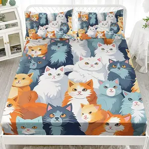 Ailonen Cat Fitted Sheet Set Queen Size, Cute Cat Bed Sheet Set, Boys Girls Cartoon Cat Sheets, 3 Piece Bedding Set, 1 Fitted Sheet & 2 Pillowcases
