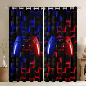 Gaming Curtains,Room Red Blue Black Gamer 50% Blackout Curtains,Bedroom Geometric Grids Video Game Console Grommets Window Treatment