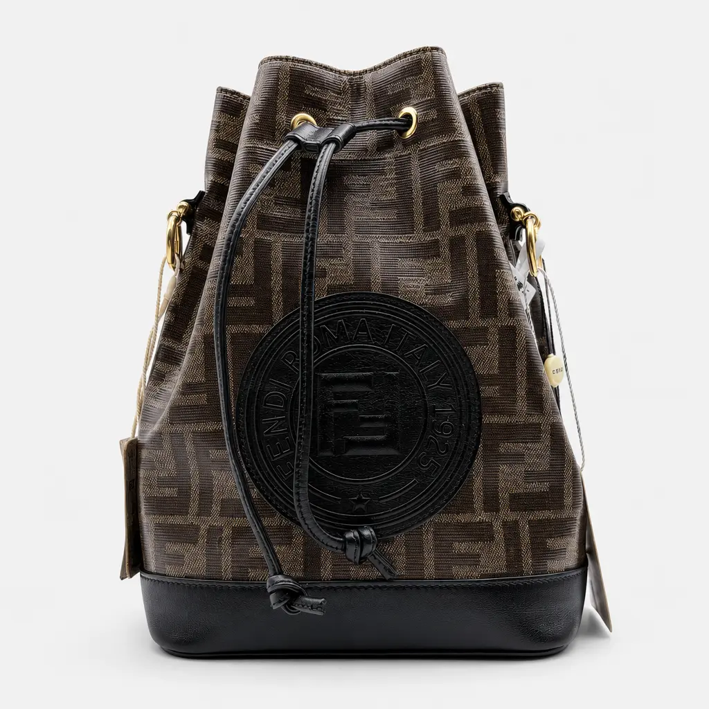 Pre-owned FENDI H5 Brown Monogram with Leather Trim Bucket Bag H02001