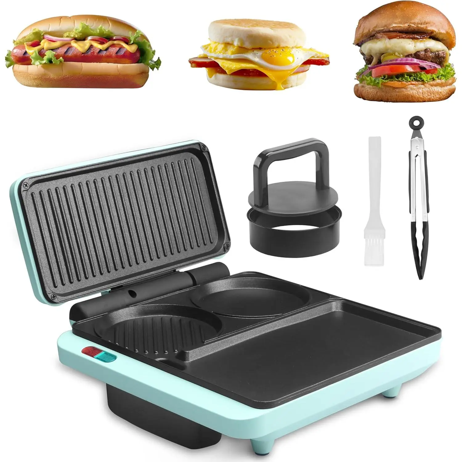 3-in-1 Nonstick Electric Breakfast Sandwich Maker - Kitchen Griddle & Grill Combo, Multi-Use Breakfast Station for Home Cooks’ Daily Use, Makes Egg Muffins, Burgers, Hot Dogs, Pancakes, Includes Burger Press, Tong, Brush, Functional