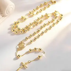 14K Gold Plated Rosary Beads Necklace - Virgin Mary Pendant, Jesus Cross Charm for Women's Costume Jewelry