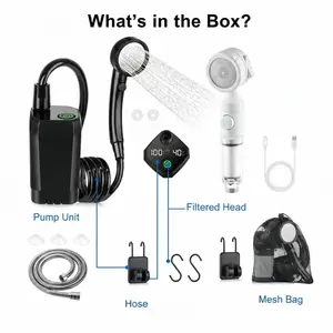 Portable Camping Shower + White Filter Showerhead and Black Showerhead, [Durable] Spopal 6000mAh Rechargeable Camping Shower with Smart LED Display, 3 Spray Modes, IPX7 Waterproof Outdoor Camping Pump, Suitable for Hiking, Travel, Car, and Pets