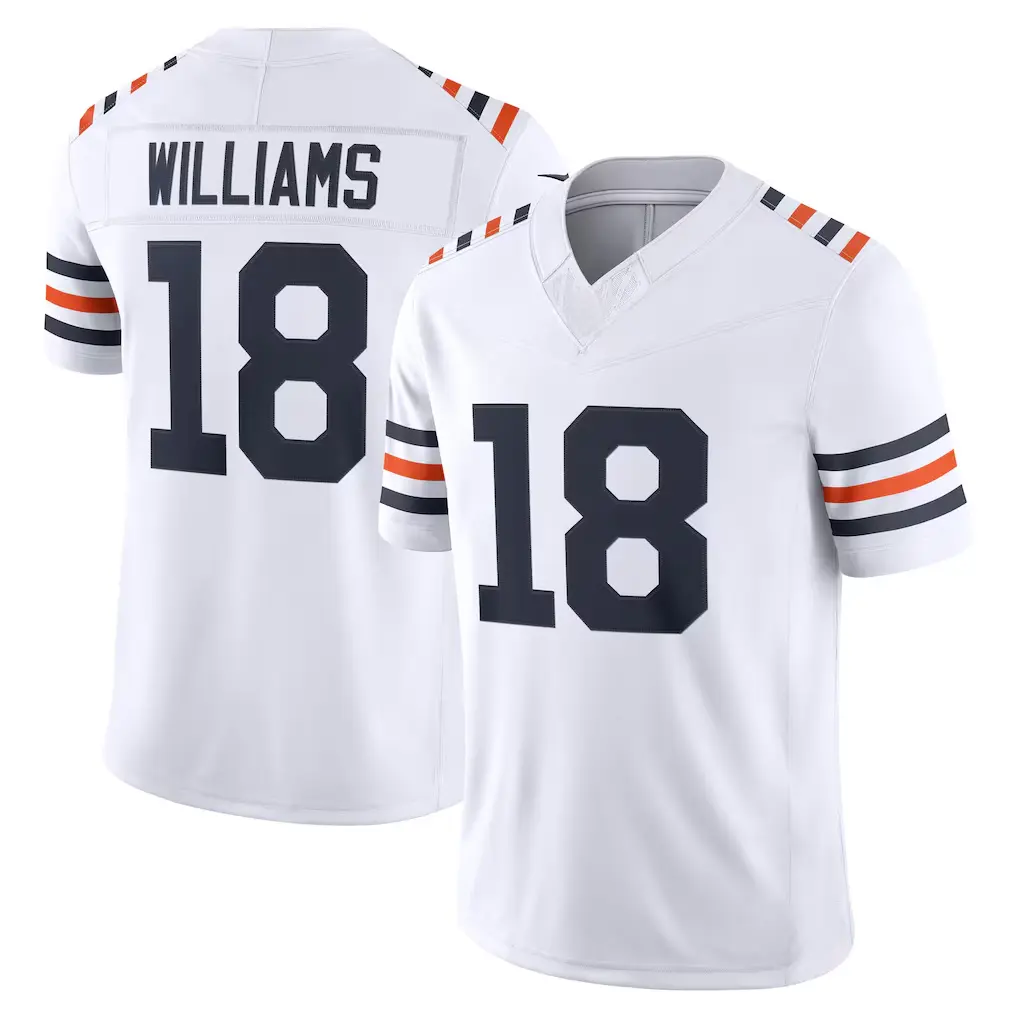 Full Print Chicago Bers White Williams #18 Football Jersey, Men's Breathable V Neck Short Sleeve Athletic Shirt, Team Game Uniform, Sports Fan Apparel, Unisex Gift for Football Fan