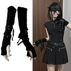 [Gothic Anime Cosplay Gloves] 1 Pair Gothic Anime Cosplay Gloves - Black Unisex Cuff Arm Warmer, Sun-protective Sleeve Buckle Design, Half-fingered Japanese Cool Party Clothing Accessories