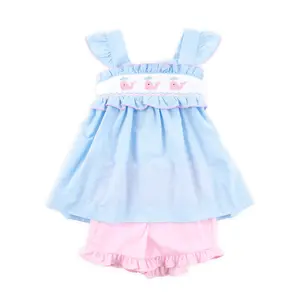 Happy Whale Blue Windowpane Smocked Amy Short Set