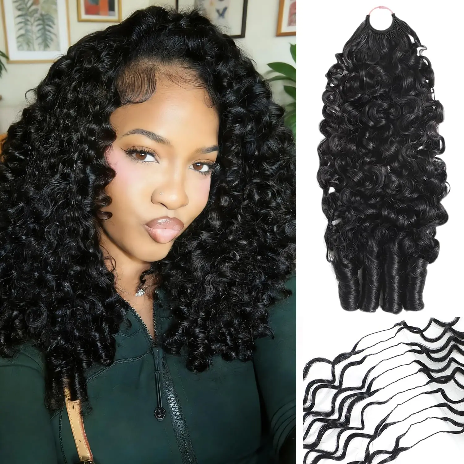Burmese Curly bundles Crochet Human Hair Extensions, 50g Pre-Separated Feather Crochet Hair Bundles with Invisible Deep Wave Extensions Hair Miracle Knots, Natural Black Knotless Braiding Hair for Black Women Kinky Curly Bundles