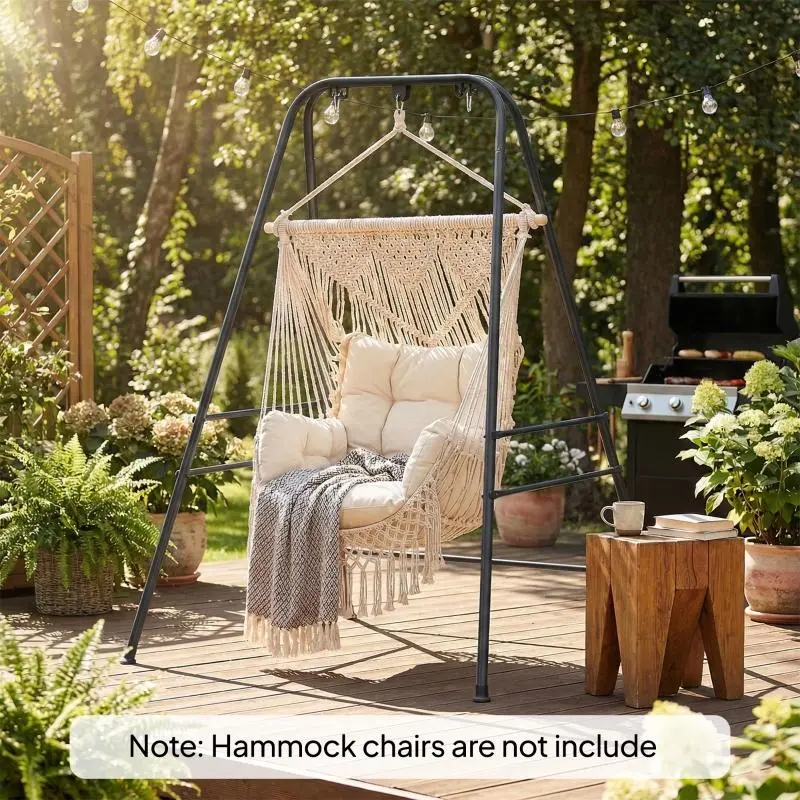 Hammock Chair Stand, Indoor-Outdoor Use, Equipped with Anti-Slip Footpads and 2 Carabiners, Black