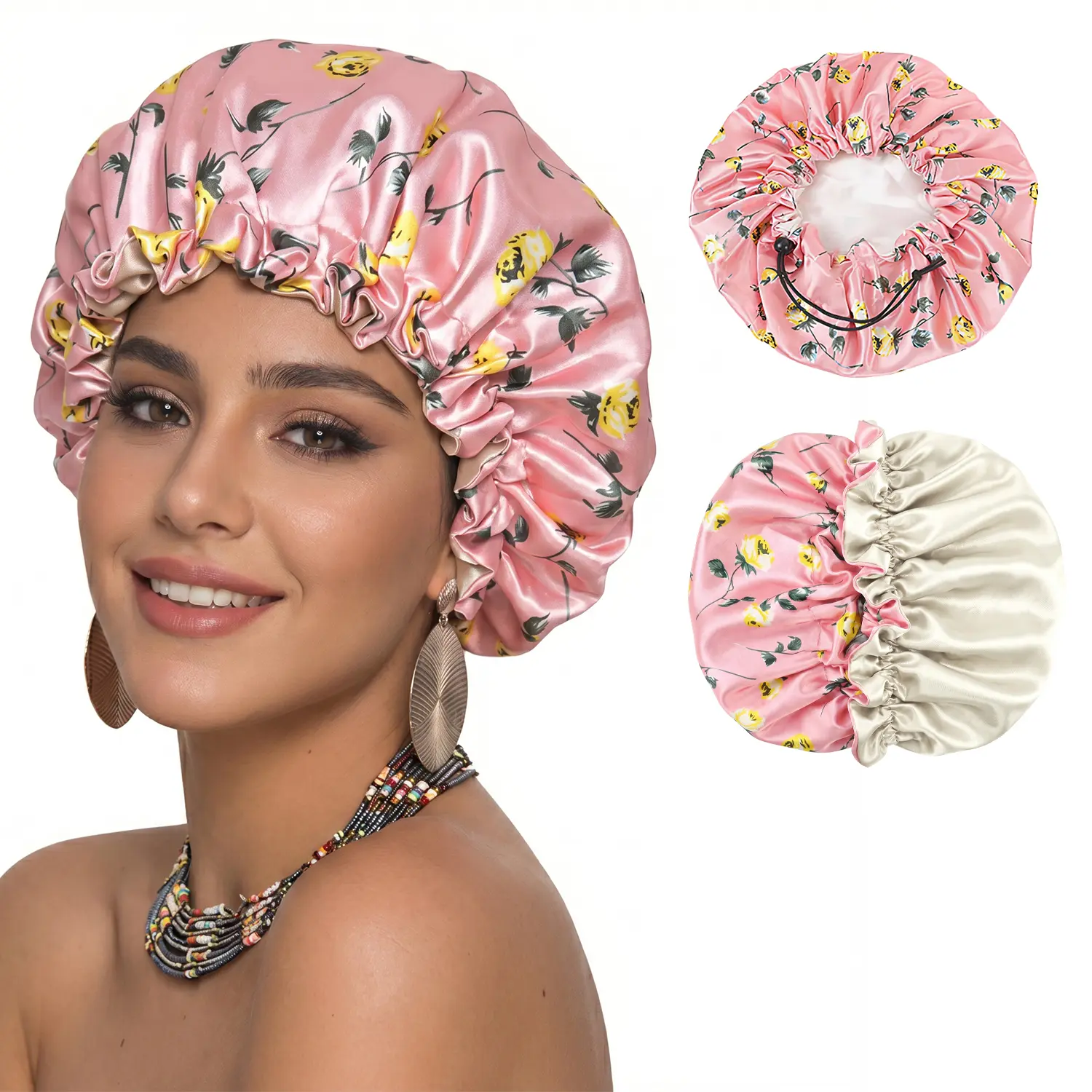 Double-Layer Satin flowers Sleep Bonnet for Women, Soft Comfortable Sleep Hat for Women, Breathable Satin Bonnet for Sleeping, Hair Protection Cap for Beauty Makeup, Adjustable Satin Bonnet