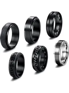 6-Piece Men's Stainless Steel Ring Set: Black Vintage Chain Rings, Rotating Ring Set, Gothic Punk Wedding Vow Band, Sizes 11
