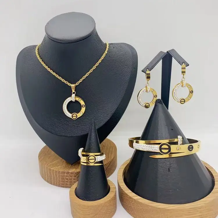 Smooth Stainless Steel Acrylic Glass Nail Set Women's Earrings Necklace Ring Bracelet Stainless Steel Jewelry 4-piece Set