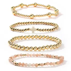 Shinus Boho Cute 14K Gold Plated White Beaded Cross Bracelets Stack 4PCS Set for Women Stretch Boho Christian Faith Colorful Beads Ball Jewelry Friendship Gift for her Gift for Women adjustable fashion accessory