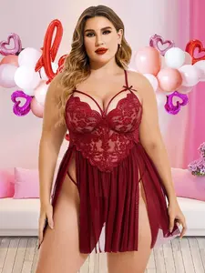 Plus Size Women's Lace Heart Dress Sleepwear, Sexy Sleeveless V Neck Mesh Nightgown, Side Slit Valentine's Day Pajamas