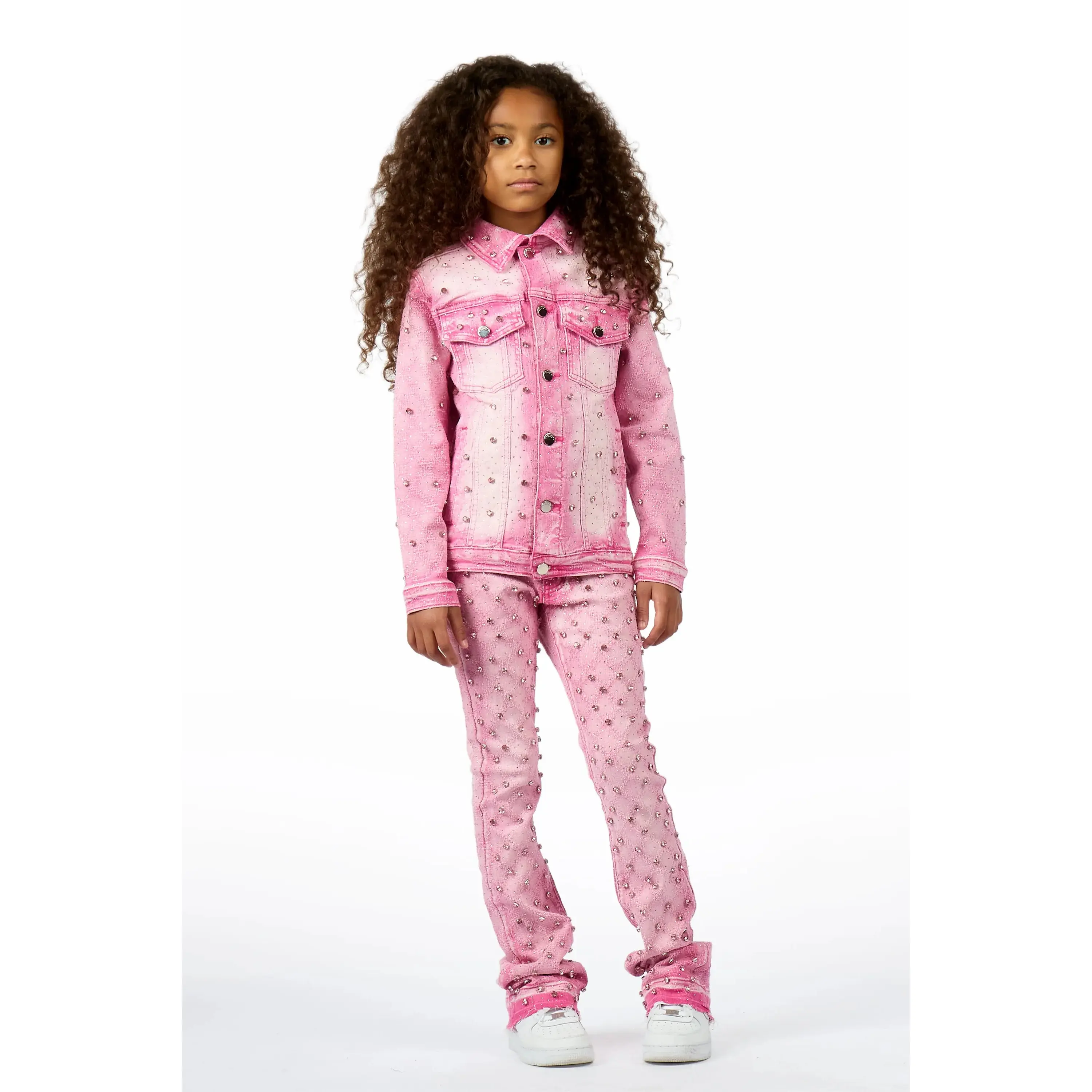 Girls Sareka Pink Rhinestone Denim Jacket/Jean Set