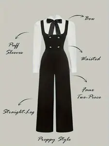 Women's Elegant Bowknot Detail 2-in-1 Jumpsuit, Preppy Style Back Zipper Faux Button Accents Jumpsuit for Fall
