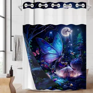 1PC 2D Flat Enchanted Forest Butterfly Shower Curtain, Magical Moonlit Design, Waterproof & Detachable Liner, Bathroom Curtain (No Hooks)