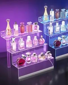 Beautiful Large Acrylic Display Rack with LED Lights - 3 Tier Perfume Rack and Display Rack, Men's Cologne Organiser, Digital Rack, Porta Perfumes Para Tocador, Transparent Columns, 2 count，Perfume Racks Large Upgrades independenceday Makeup Storage