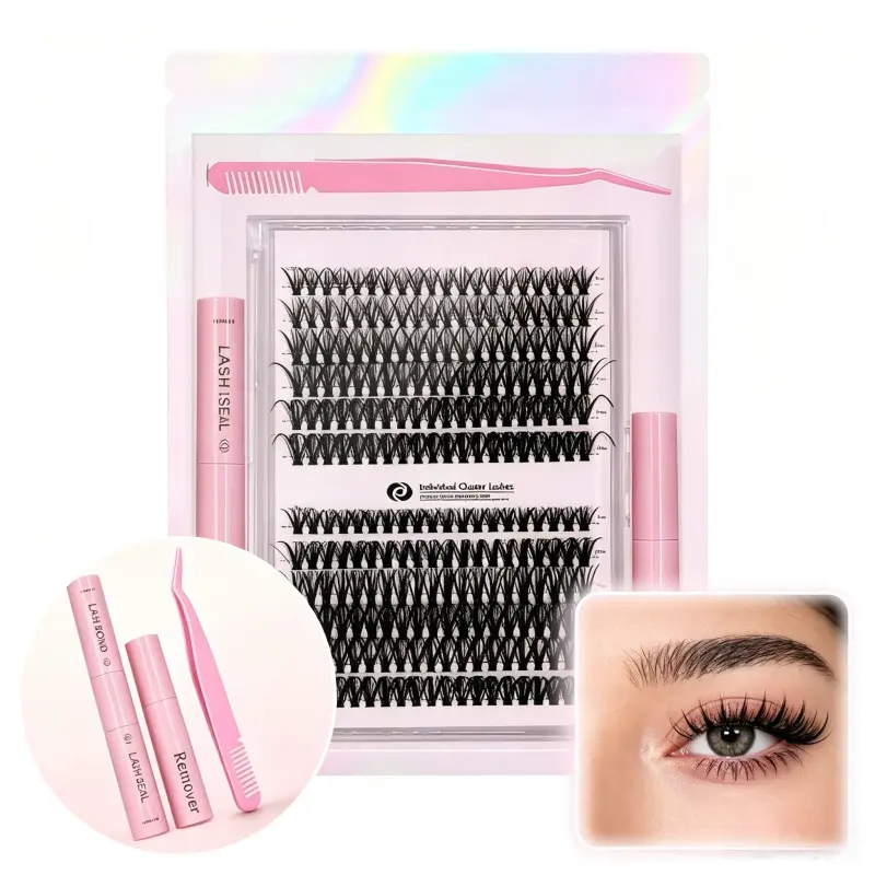 DIY Lash Extension Kit with 30D-40D Fluffy Lash Clusters, 9-17mm Mixed Lengths, Salon-Quality Wispy Volume Cosmetic Set with Bond, Seal, Remover & Tweezers for Beginners, Cluster Lashes