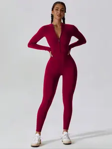 Women's High Elastic Zipper Long Sleeve Workout Jumpsuit, Sporty Yoga Pants, Slim Fit Comfortable Skin-Friendly Fabric, Ideal for Active Wear