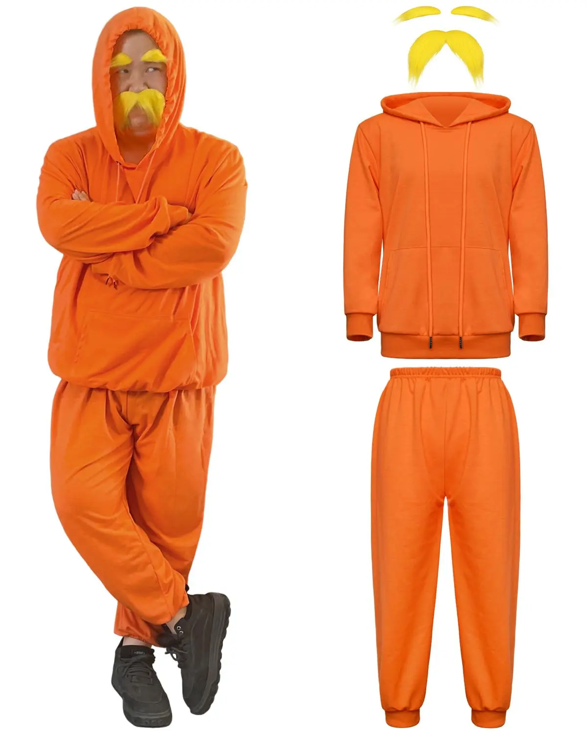 Women's Orange Sweatshirt Set Clothes, Halloween Festival Birthday Cosplay Costume with Fake Mustache, Fake Eyebrows Dress Womenswear, Funny, Sweatpants, Bright, Accessories, Adhesive, Yellow Sweatshirt