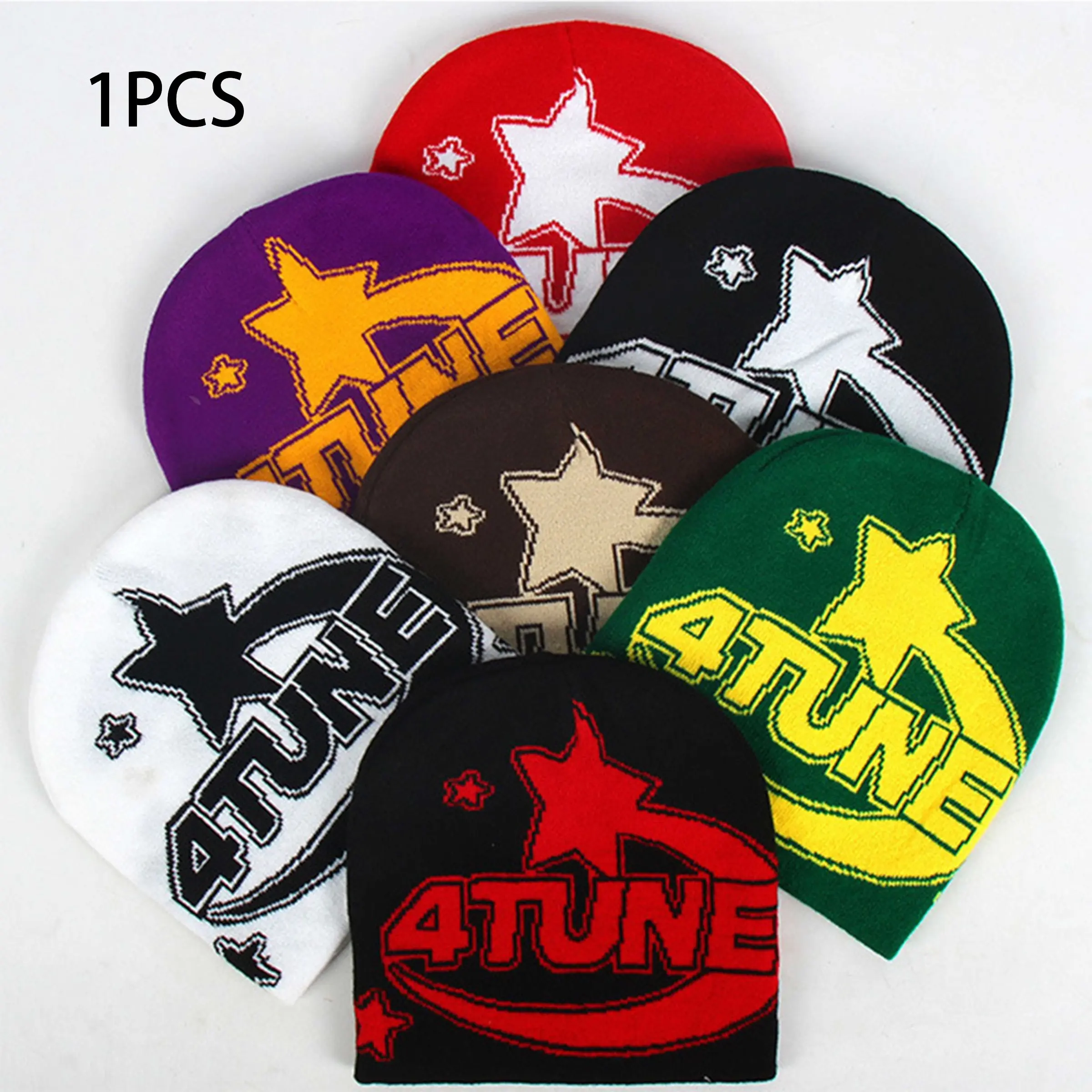 4tune Star Pattern Knit Beanie, Unisex Y2K Streetwear Skull Hat, Warm Skateboard Beanie, Perfect for Street Style, Winter, Daily Wear, Skull Cap, Beanie Fitted
