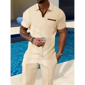 Men'sCasual2-PieceOutfit,BreathableSummerT-Shirt&PantsSet,StylishV-NeckShortSleeveTop,GamisMenswearPolyesterHoodieStretchTrouser