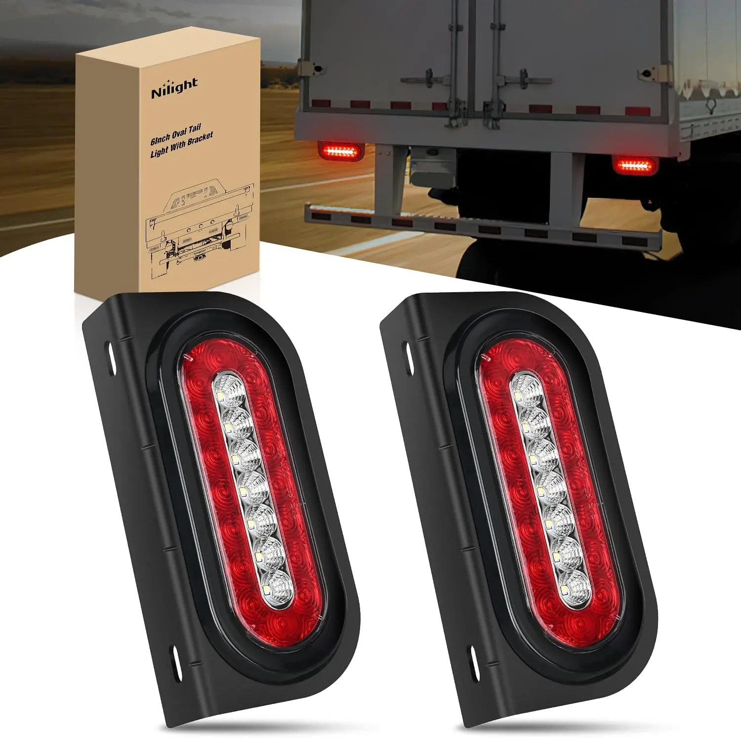 Nilight 6-in Oval Trailer Tail Lights (2PCS) - 23 LEDs Per Unit, Red Brake/Stop/Turn, White Reverse, Flush Mount with Grommets, Plugs, Brackets, Easy Install, Shake-Proof Truck Accessories for RVs, Semi Trucks, Semi Truck Accessories