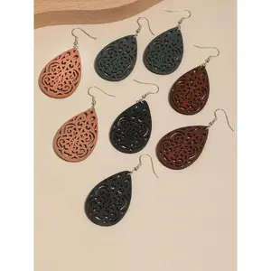 4 Pair Boho Hollow out Design Wooden Dangle Earrings, Vintage Style Water Drop Ear Jewelry for Women, Casual Jewelry for Party, Daily Clothing Decor
