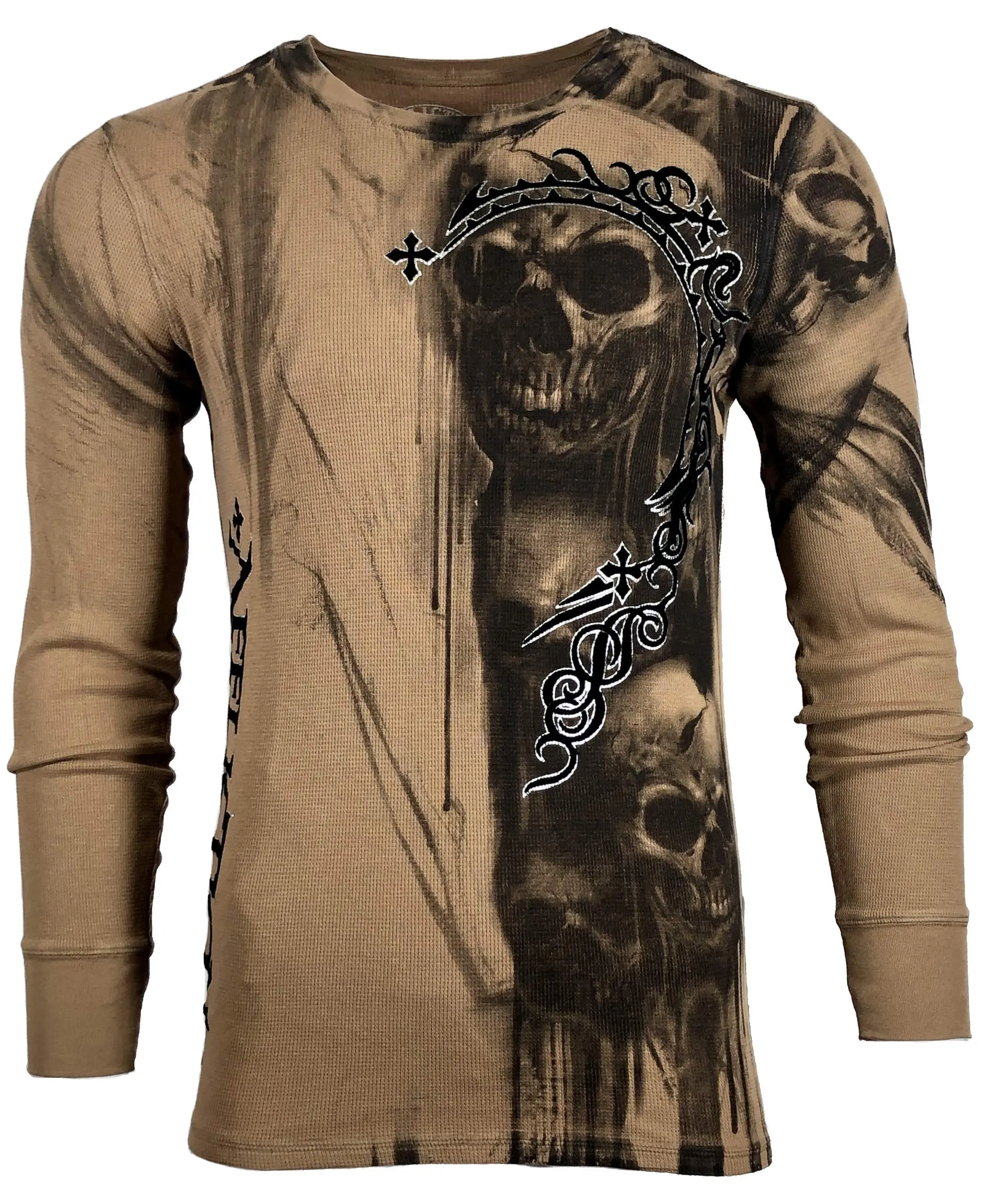 Affliction Men's The Walking Dead Graphic L/S Thermal Top, 100% Cotton Crew Neck Menswear in Tobacco Brown, Longsleeves, Casual