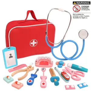 Wooden Simulation Doctor Toy Set Toddler Playset for Boys Girls, Nurse Cloth Bag Medical Kit, Role Play Children Pretend Play Toys
