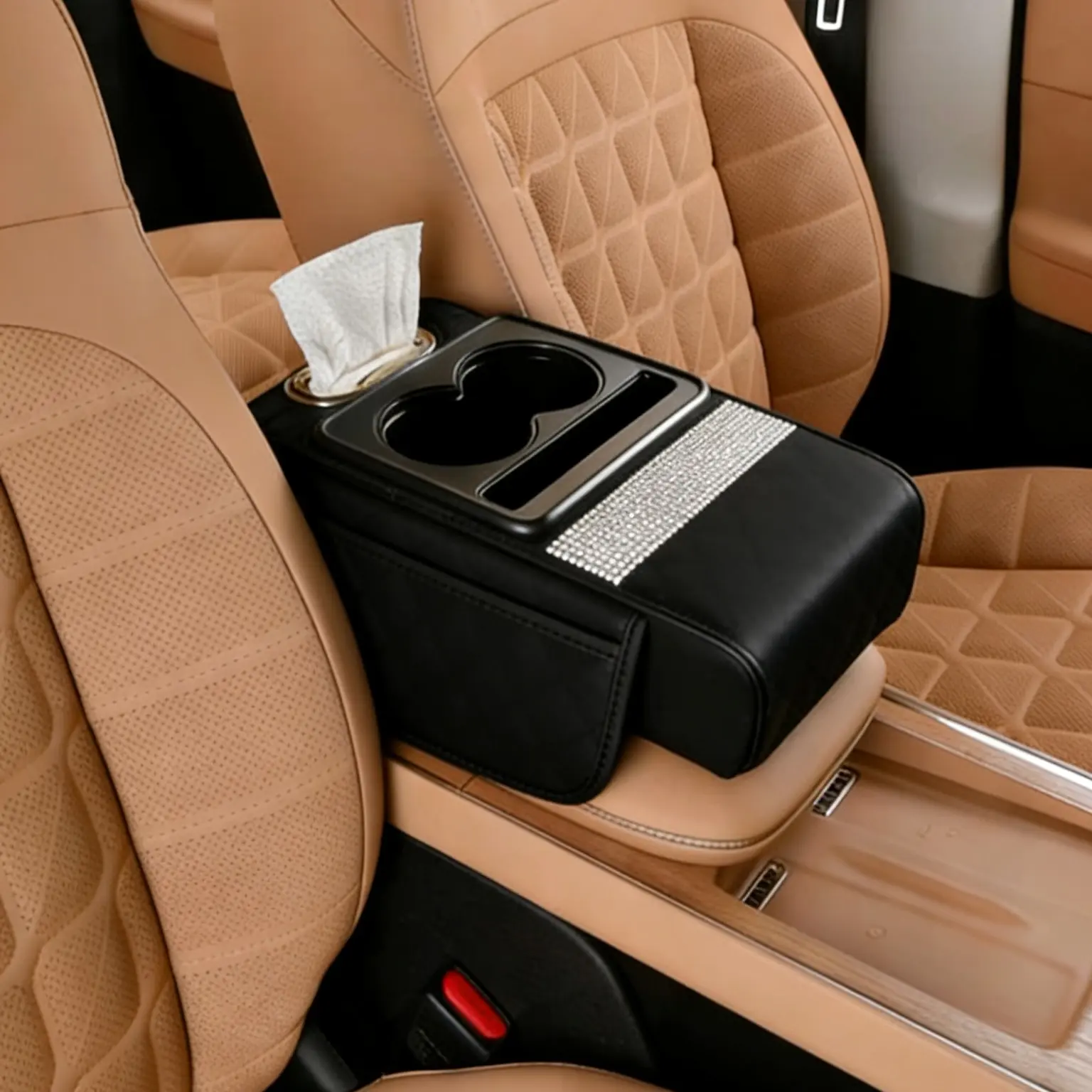【Black Cat Crown】 Elegant Premium Leather Universal Car Armrest Box, Center Console Storage Organizer for Drivers, Equipped with Cup Holder & Memory Foam Cushion, Multi-Compartment Storage Design with Independent Cup Storage Space